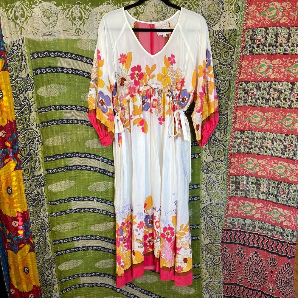 NWOT Johnny Was White/ Pink Loreli Silk Embroidered Midi Dress Size Medium - Picture 2 of 16